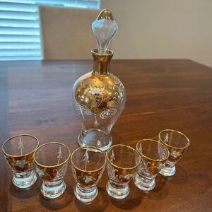 Vintage Bohemian Gold Encrusted Decanter Set 6 Glasses Hand Painted Floral